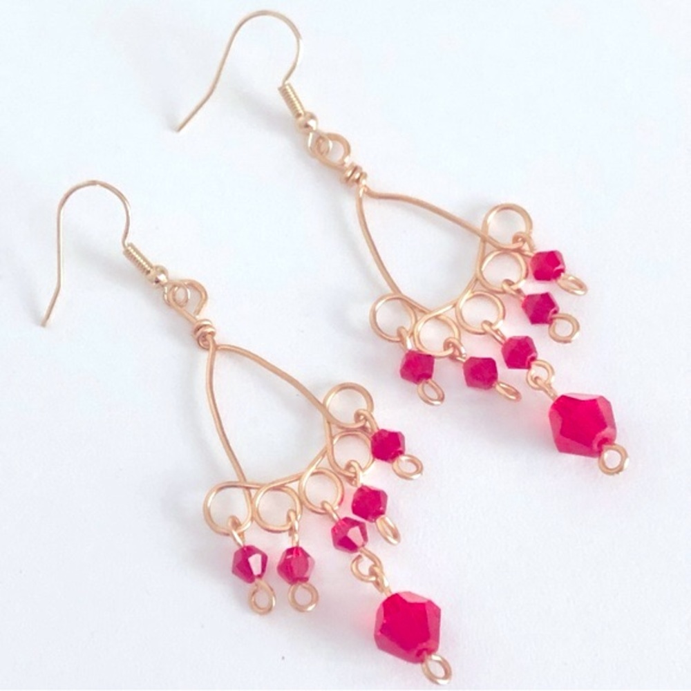 New Handmade Gold Wire Crimson Red Glass Crystal Chandelier Dangling Earrings